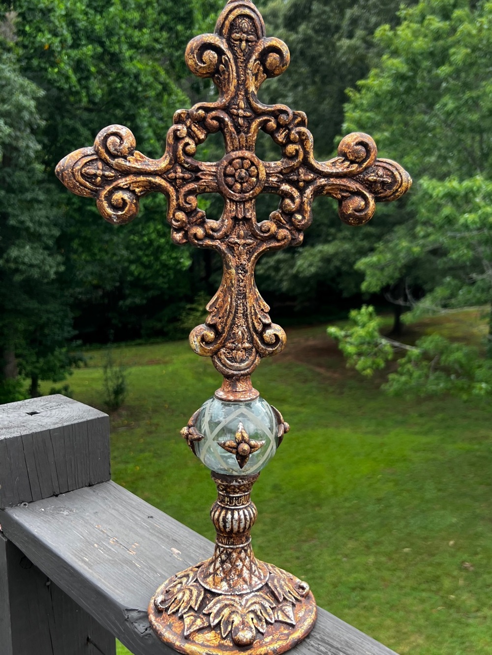 Large Ornate Decorative Cross on Stand Etched Glass Globe 20” Faith Decor